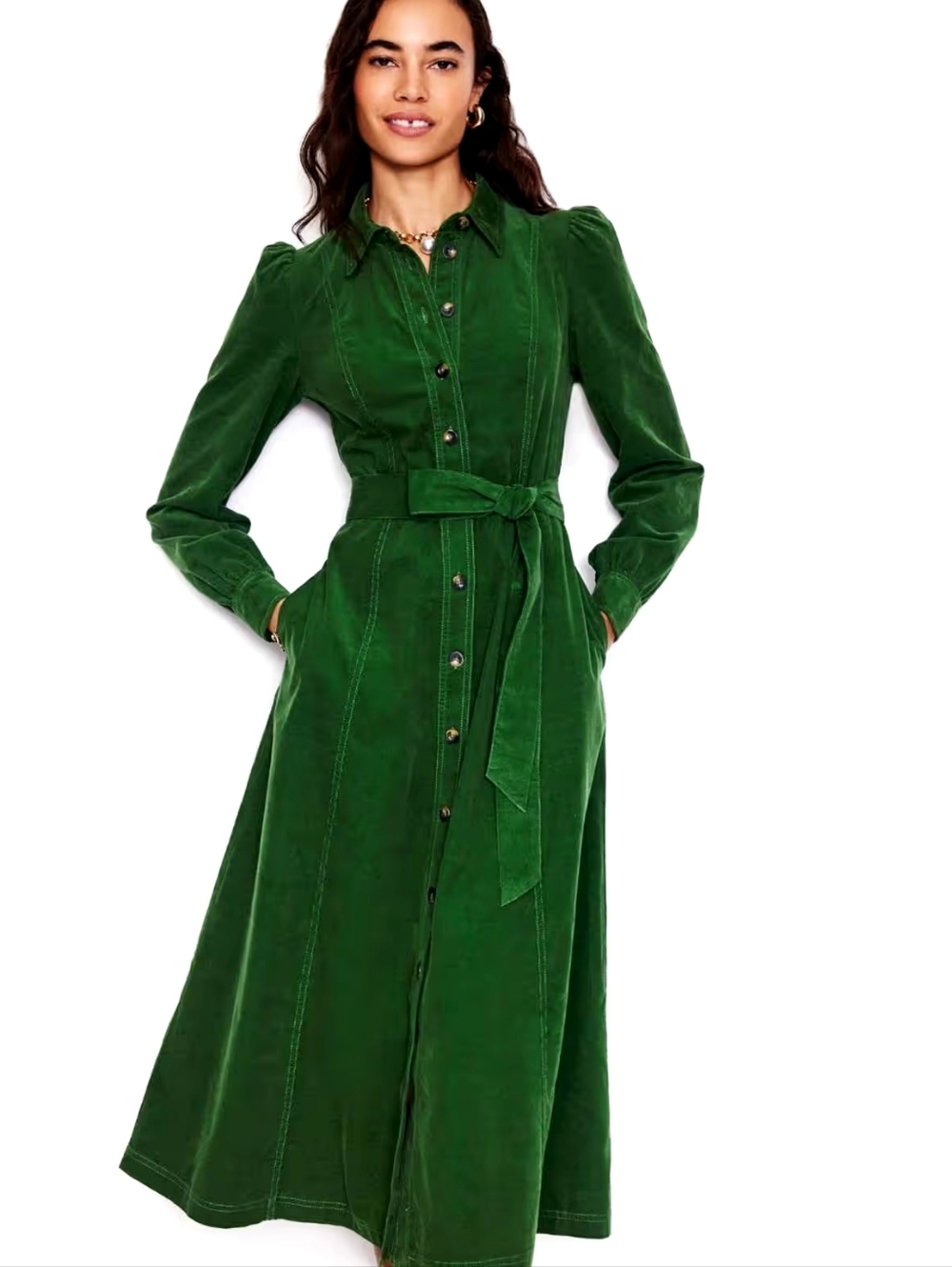 Boden 100% Cotton  Emerald Green Velvet Long-Sleeve Shirt Dress with Tie Waist 8